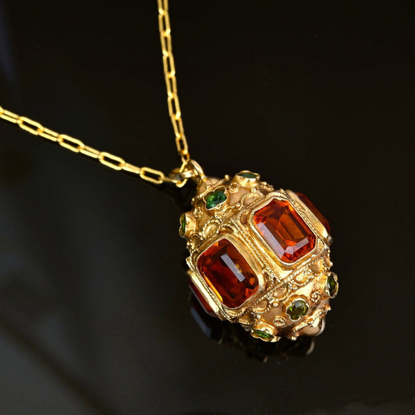Victorian Revival Etruscan 18K Gold Citrine Green Tourmaline Pendant