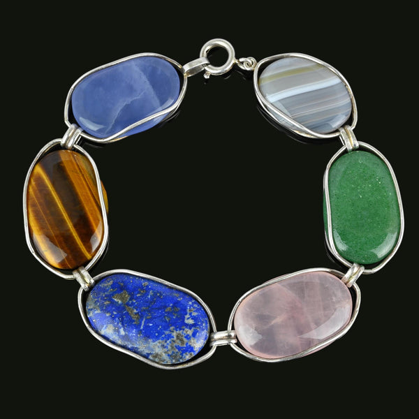 Arts & Crafts Style Gemstone Bracelet, Chrysoprase, Lapis Lazuli, Pink Quartz - Boylerpf