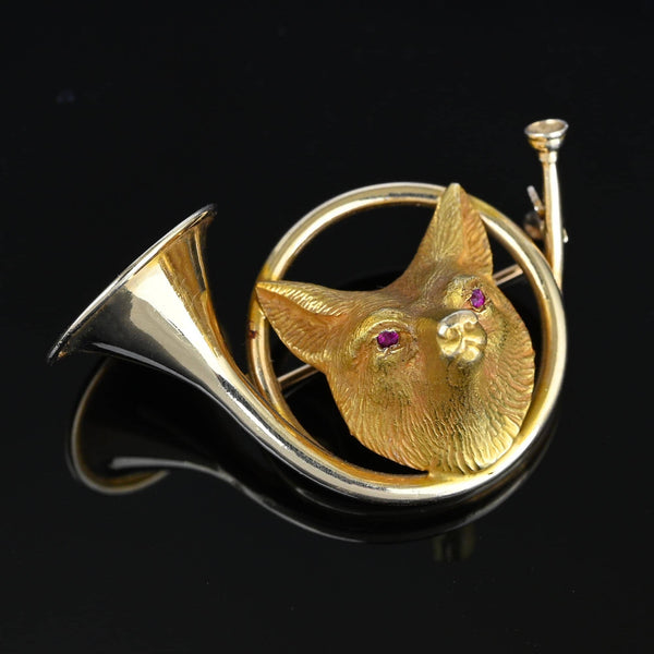 Antique 14K Gold Hunting Horn Ruby Eye Fox Brooch - Boylerpf