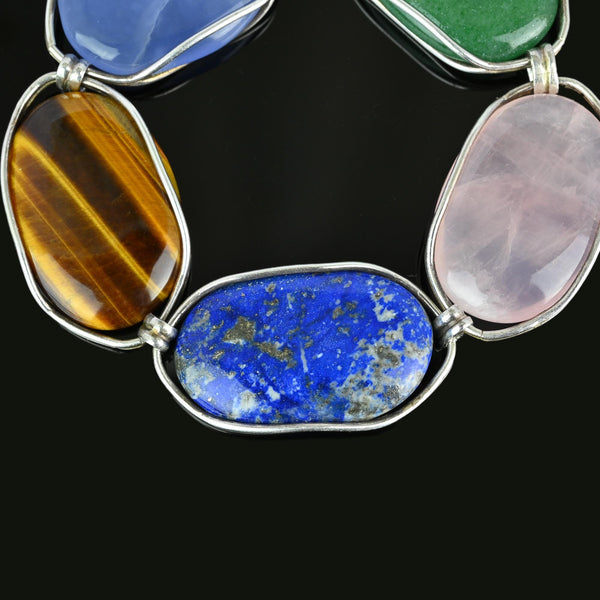 Arts & Crafts Style Gemstone Bracelet, Chrysoprase, Lapis Lazuli, Pink Quartz - Boylerpf