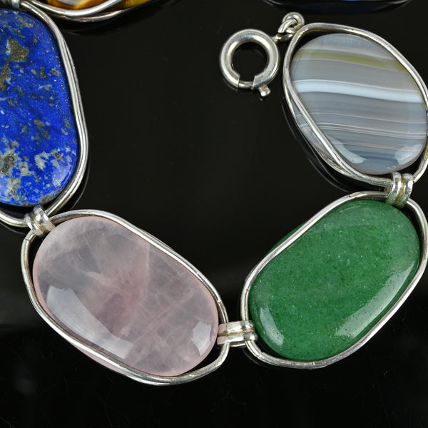 Arts & Crafts Style Gemstone Bracelet, Chrysoprase, Lapis Lazuli, Pink Quartz - Boylerpf