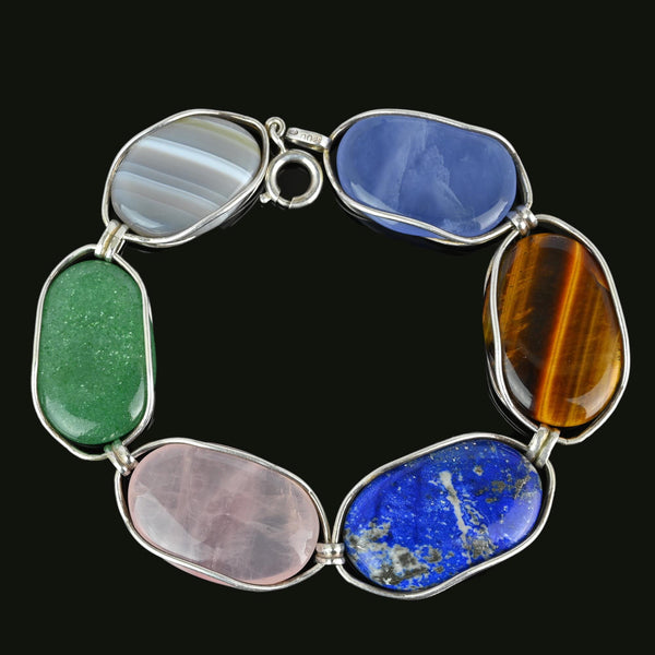 Arts & Crafts Style Gemstone Bracelet, Chrysoprase, Lapis Lazuli, Pink Quartz - Boylerpf