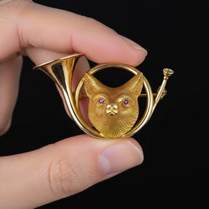 Antique 14K Gold Hunting Horn Ruby Eye Fox Brooch - Boylerpf