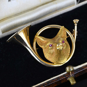 Antique 14K Gold Hunting Horn Ruby Eye Fox Brooch | Boylerpf