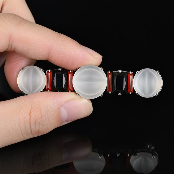 French Art Deco Sterling Brooch, Rock Crystal Onyx Carnelian, 3" - Boylerpf