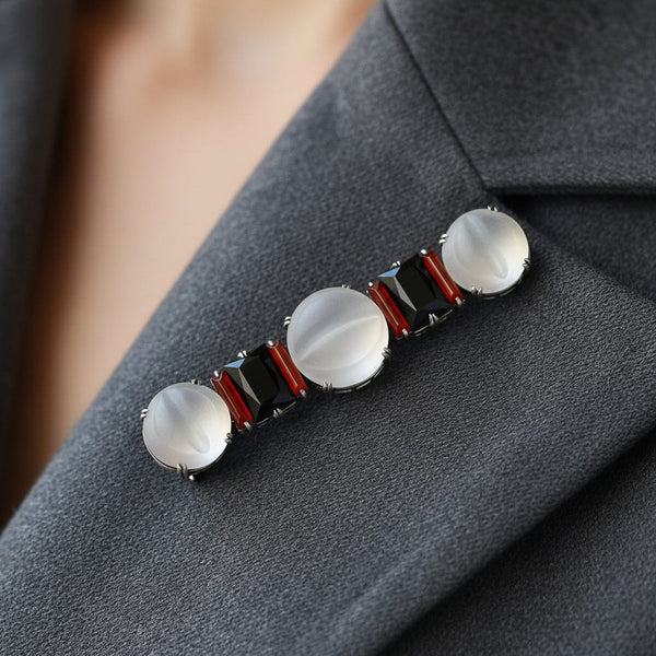 French Art Deco Sterling Brooch, Rock Crystal Onyx Carnelian, 3" - Boylerpf