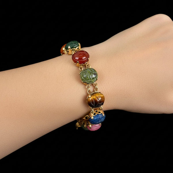 Egyptian Revival 14K Gold Multi Gemstone Scarab Bracelet - Boylerpf