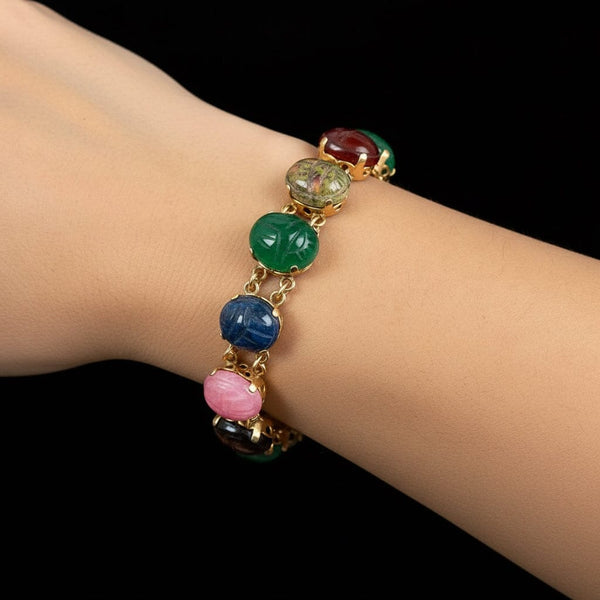 Egyptian Revival 14K Gold Multi Gemstone Scarab Bracelet - Boylerpf