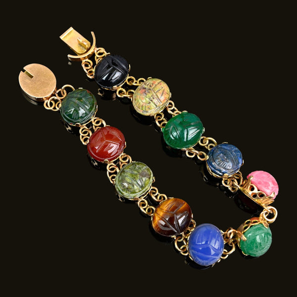 Egyptian Revival 14K Gold Multi Gemstone Scarab Bracelet - Boylerpf