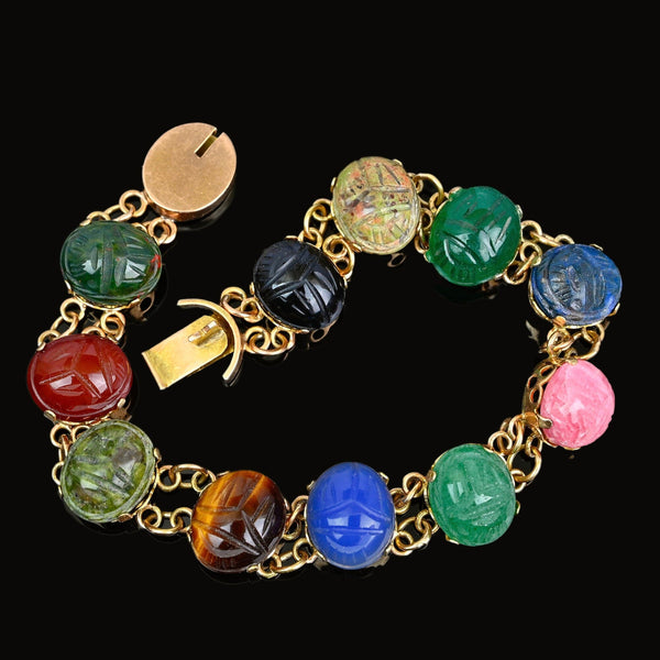Egyptian Revival 14K Gold Multi Gemstone Scarab Bracelet - Boylerpf