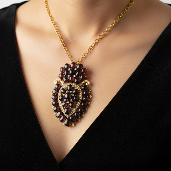 Exceptional Huge Antique Mine Cut Diamond Garnet Brooch Pendant