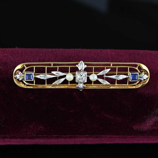 Krementz 14K Gold Platinum Diamond Sapphire Brooch - Boylerpf