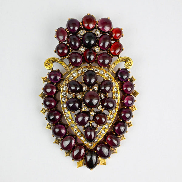 Exceptional Huge Antique Mine Cut Diamond Garnet Brooch Pendant