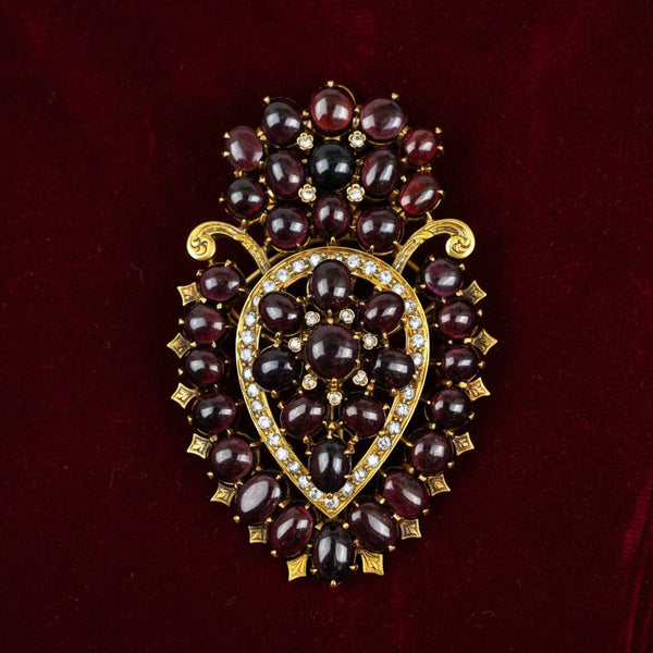 Exceptional Huge Antique Mine Cut Diamond Garnet Brooch Pendant