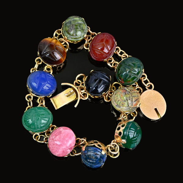 Egyptian Revival 14K Gold Multi Gemstone Scarab Bracelet - Boylerpf