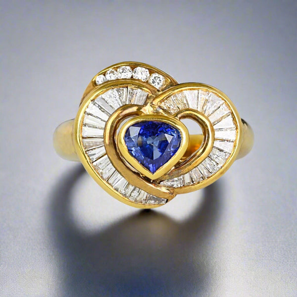 18K Gold Baguette Diamond Heart Ceylon Sapphire Ring - Boylerpf