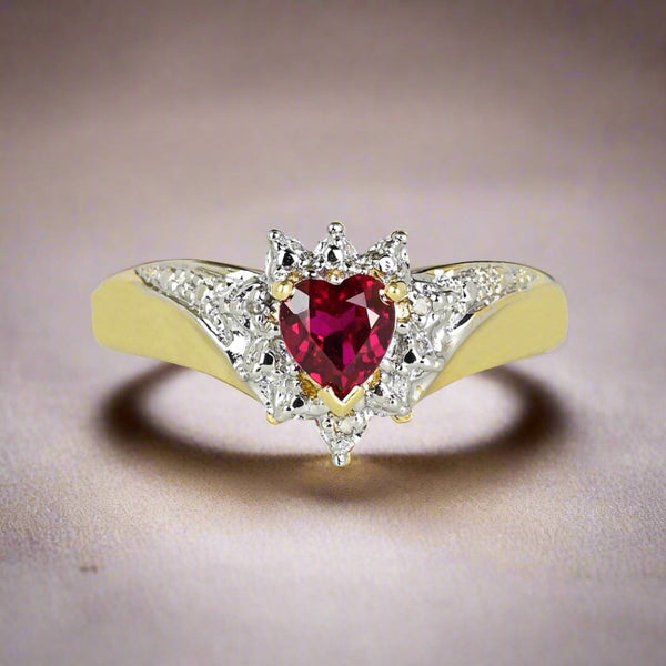 Vintage Gold Crown Diamond Wing Ruby Heart Ring - Boylerpf