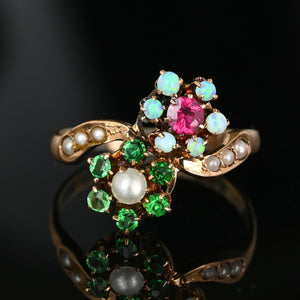 Antique Pearl Ruby Opal Emerald Toi Et Moi Ring - Boylerpf