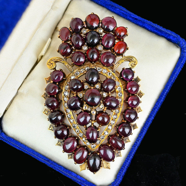 Exceptional Huge Antique Mine Cut Diamond Garnet Brooch Pendant