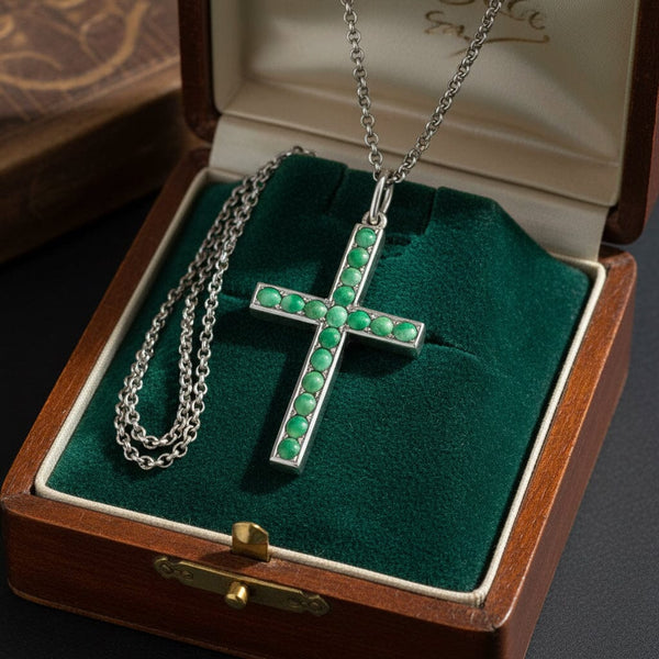 Antique Silver Large Cabochon Turquoise Cross Pendant - Boylerpf