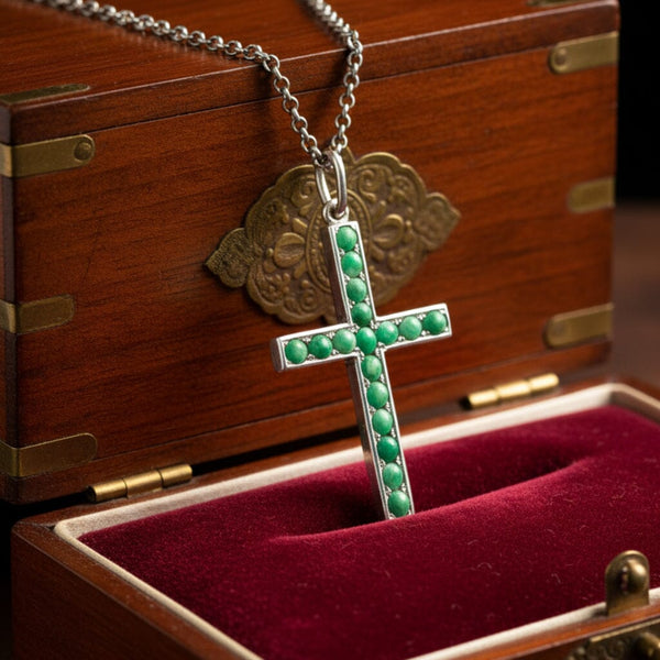 Antique Silver Large Cabochon Turquoise Cross Pendant - Boylerpf