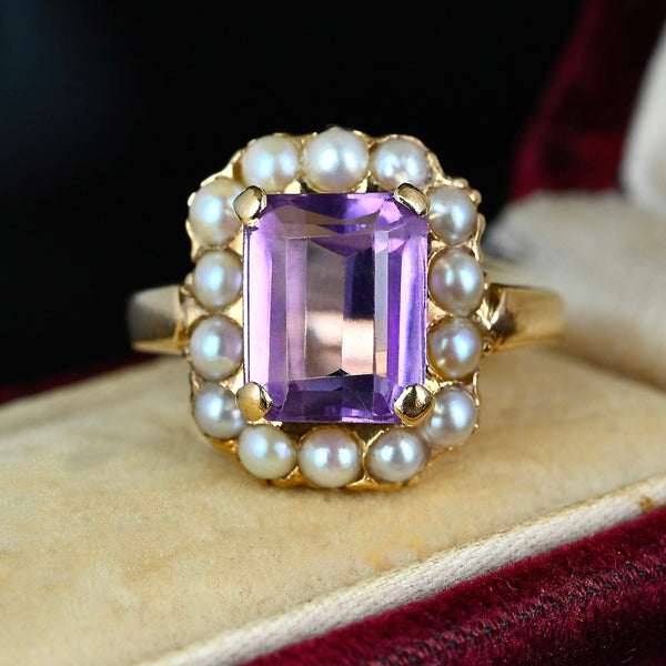 Vintage 14K Gold Pearl Halo Amethyst Ring - Boylerpf
