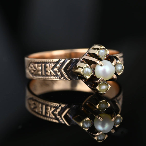 Antique Engraved 14K Rose Gold Band Pearl Ring - Boylerpf