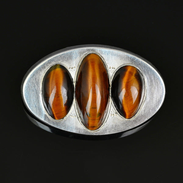 Antique Tiger's Eye Brooch Sterling Silver Unisex Pin