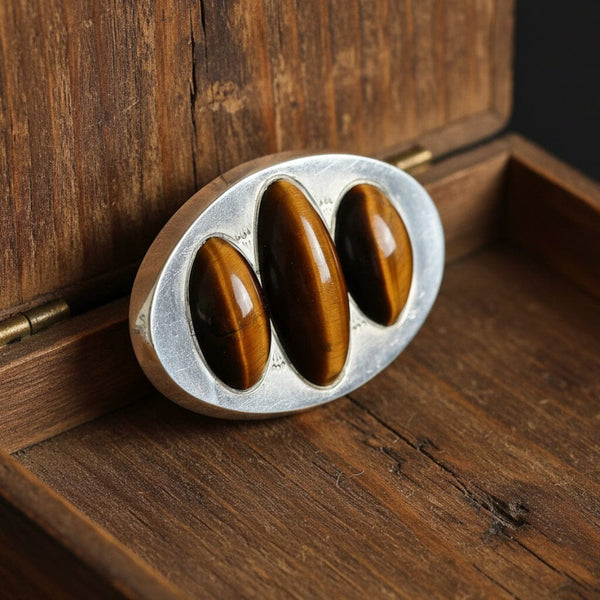 Antique Tiger's Eye Brooch Sterling Silver Unisex Pin