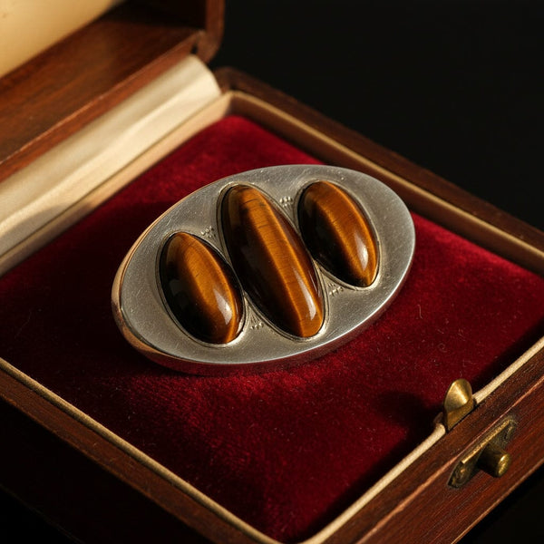 Antique Tiger's Eye Brooch Sterling Silver Unisex Pin
