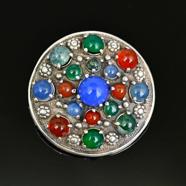 Arts & Crafts Chalcedony & Gemstone Silver Brooch