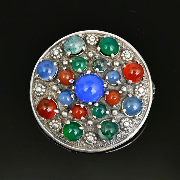 Arts & Crafts Chalcedony & Gemstone Silver Brooch