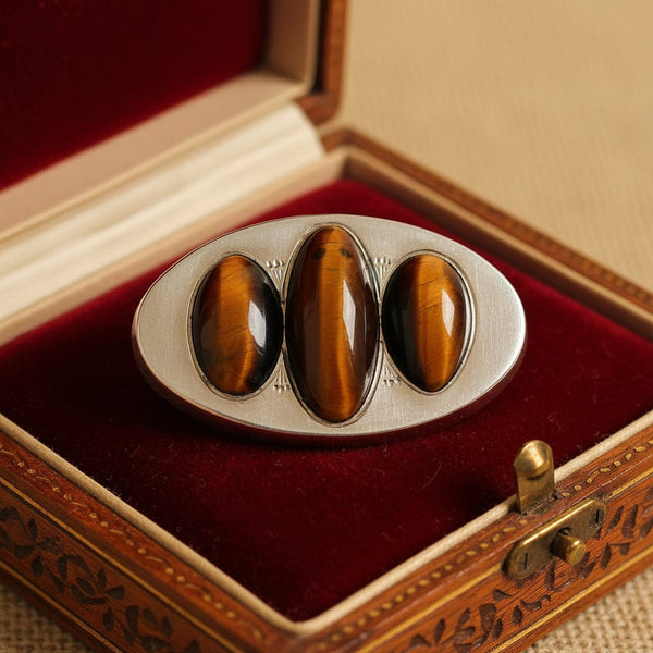 Antique Tiger's Eye Brooch Sterling Silver Unisex Pin