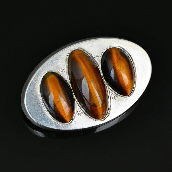 Antique Tiger's Eye Brooch Sterling Silver Unisex Pin
