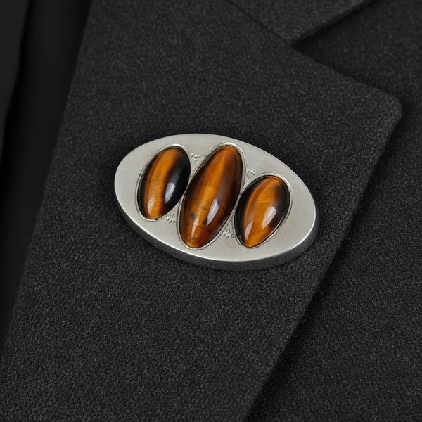 Antique Tiger's Eye Brooch Sterling Silver Unisex Pin