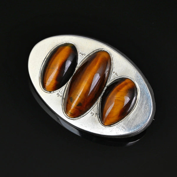 Antique Tiger's Eye Brooch Sterling Silver Unisex Pin