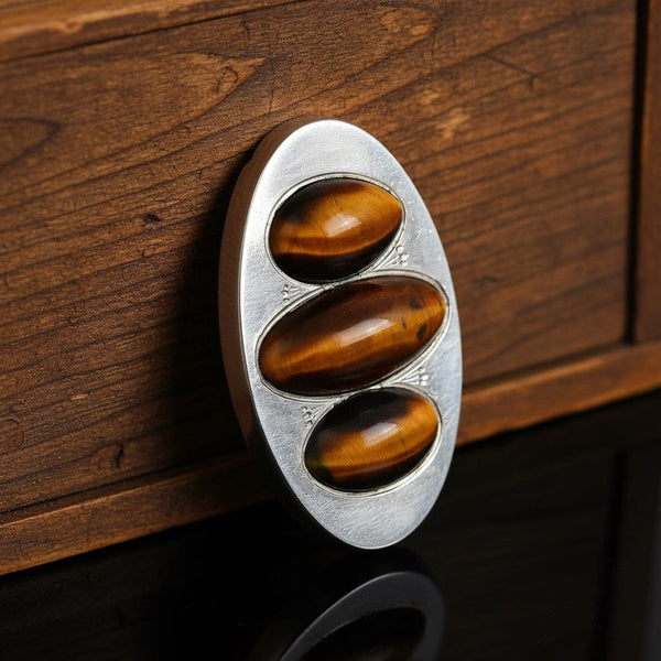Antique Tiger's Eye Brooch Sterling Silver Unisex Pin