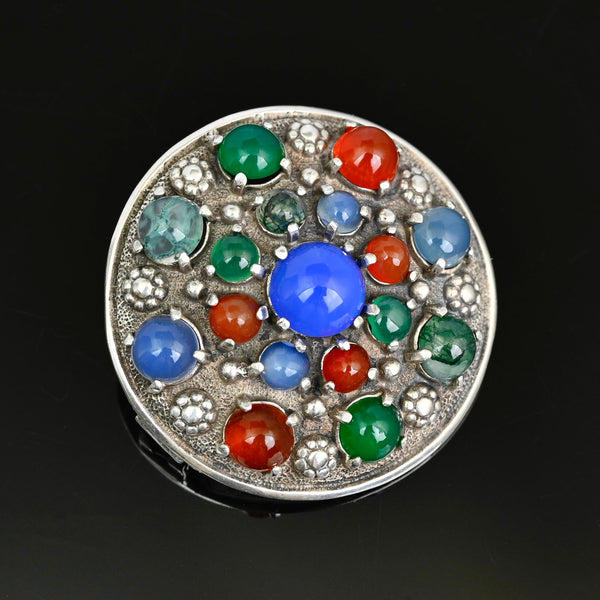 Arts & Crafts Chalcedony & Gemstone Silver Brooch