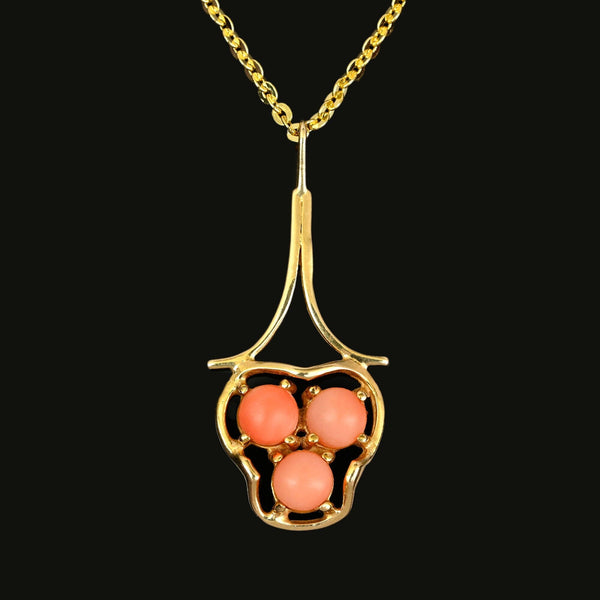 Antique Art Nouveau Style 14K Gold Coral Pendant