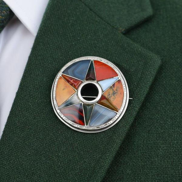 Antique Victorian Scottish Agate Star Brooch Silver - Boylerpf