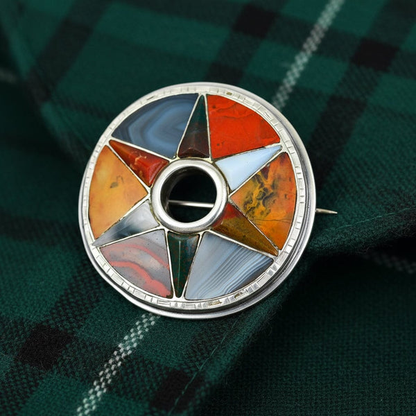 Antique Victorian Scottish Agate Star Brooch Silver - Boylerpf