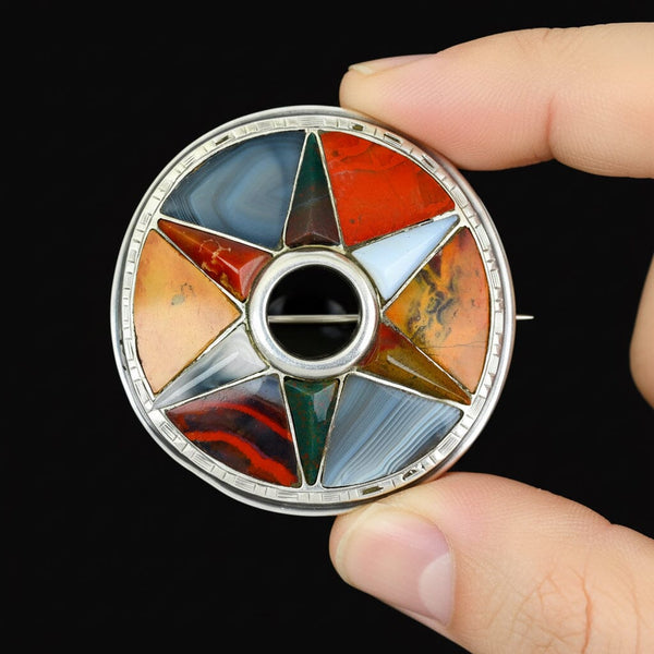 Antique Victorian Scottish Agate Star Brooch Silver - Boylerpf