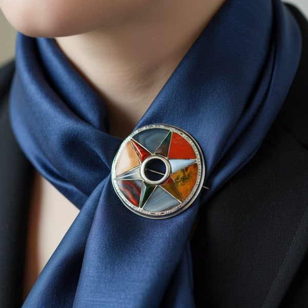 Antique Victorian Scottish Agate Star Brooch Silver - Boylerpf