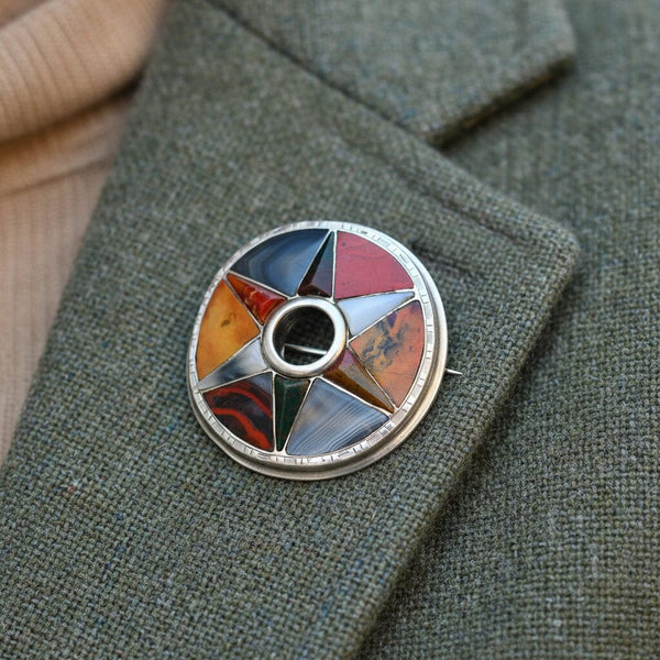 Antique Victorian Scottish Agate Star Brooch Silver - Boylerpf