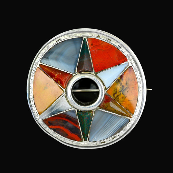 Antique Victorian Scottish Agate Star Brooch Silver - Boylerpf