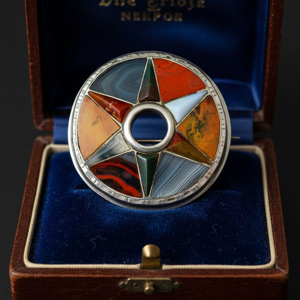 Antique Victorian Scottish Agate Star Brooch Silver - Boylerpf