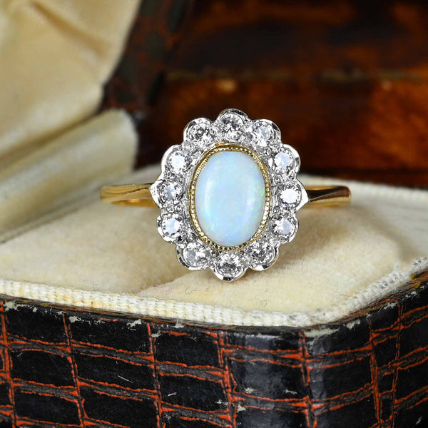 Vintage Diamond Halo Cluster Opal Ring in Gold - Boylerpf