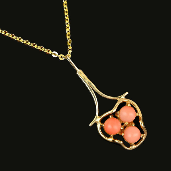 Antique Art Nouveau Style 14K Gold Coral Pendant