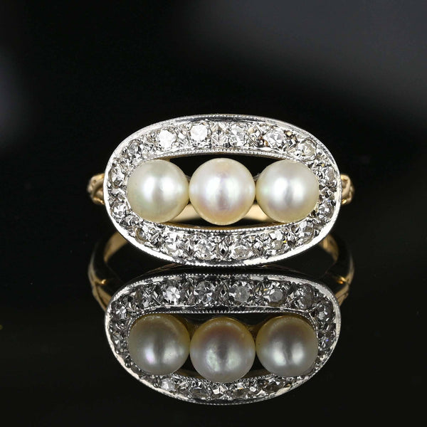 Art Deco Diamond Halo Three Stone Akoya Pearl Ring - Boylerpf