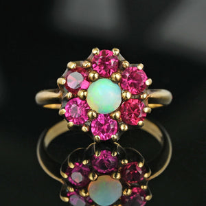 Antique Gold Ruby Halo Cluster Opal Ring - Boylerpf